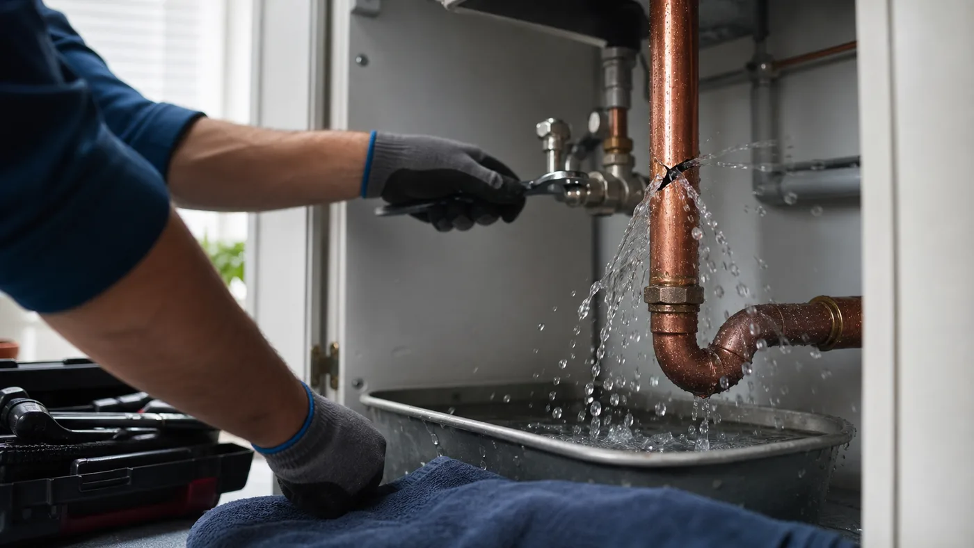 Burst pipe under a sink with a plumber reaching for the shutoff valve