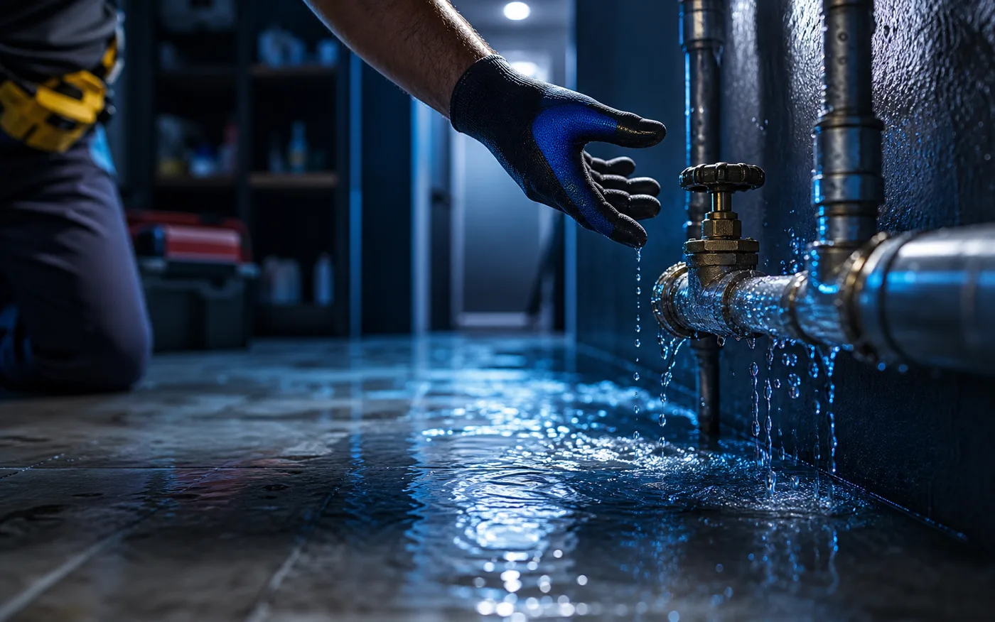 Emergency plumbing response with a plumber shutting off water near a leaking utility line