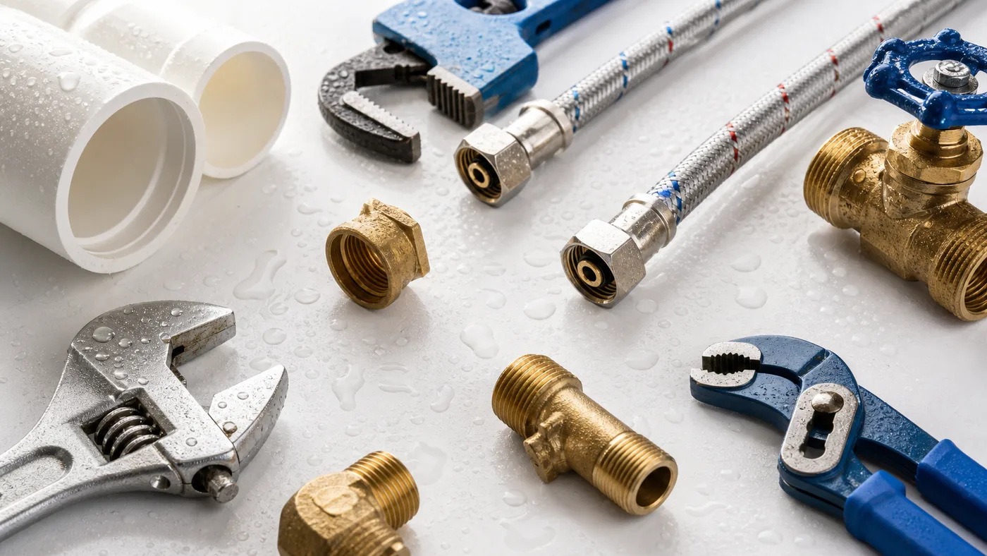 Plumbing tools, fittings, pipe, and water droplets arranged for a plumbing FAQ guide