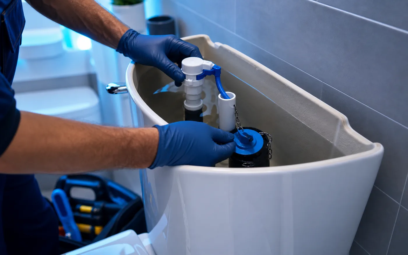 Plumber repairing the inside of a toilet tank