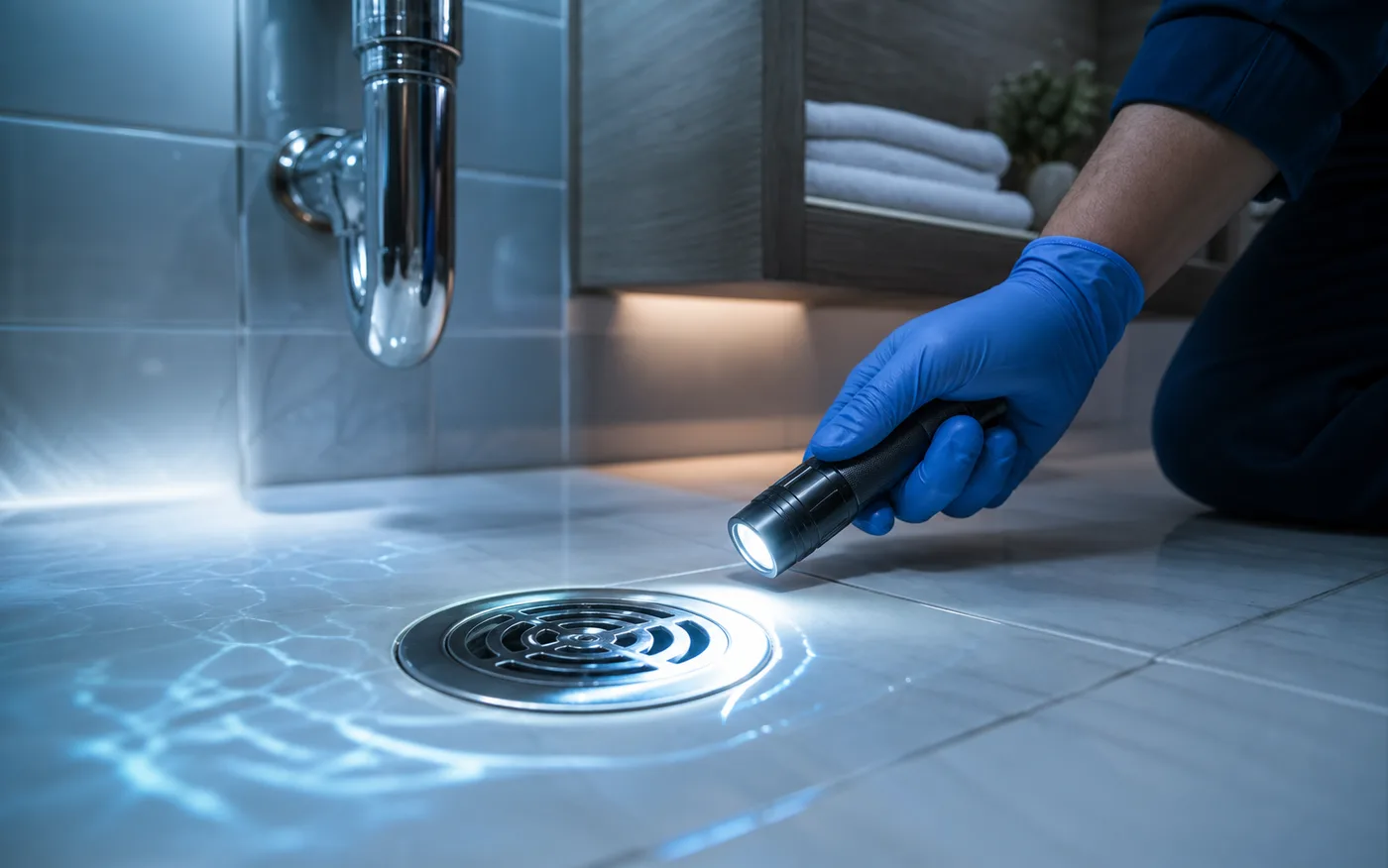 Plumber inspecting a bathroom drain for sewer odor problems