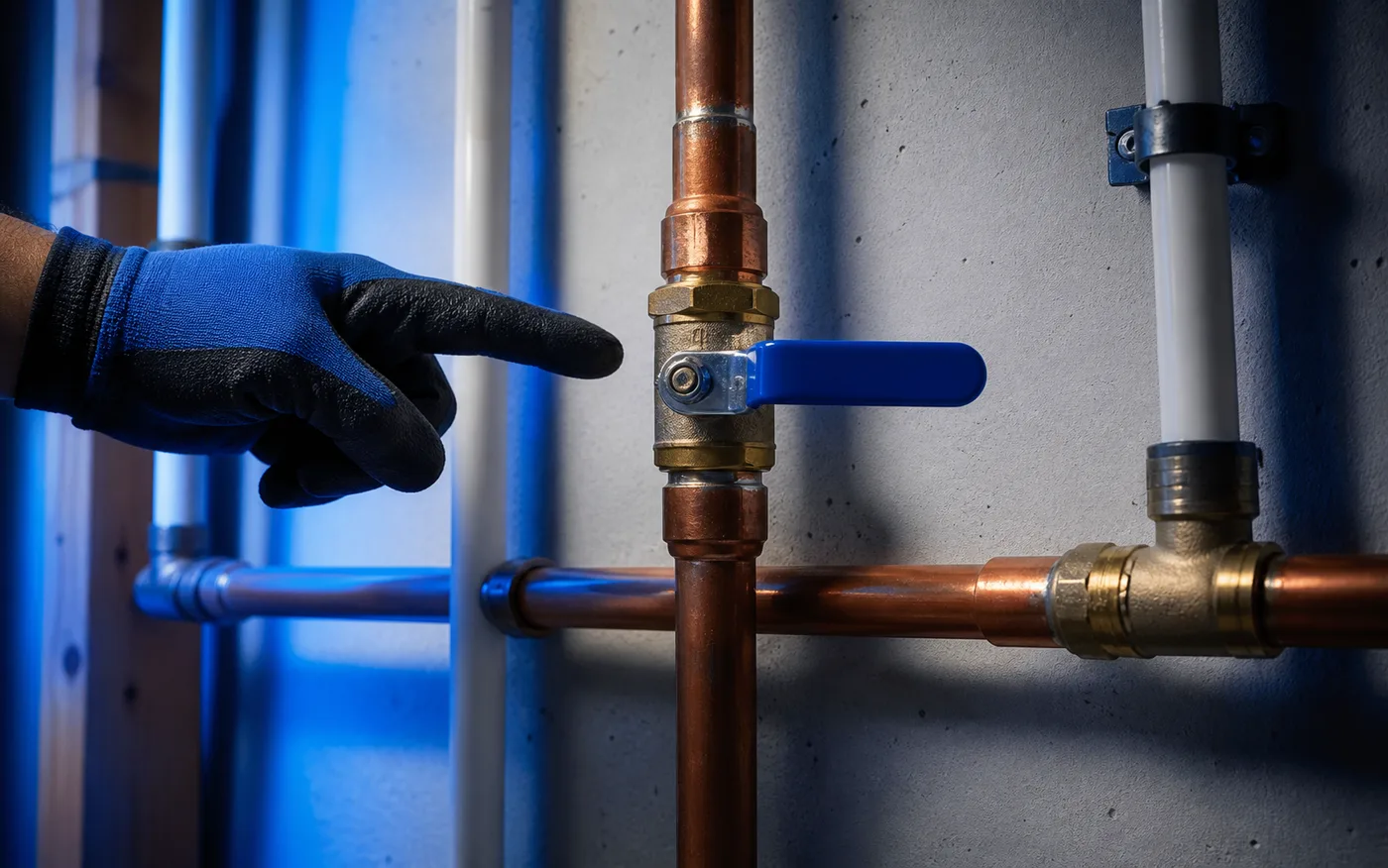 Main water shutoff valve and labeled plumbing line in a utility area