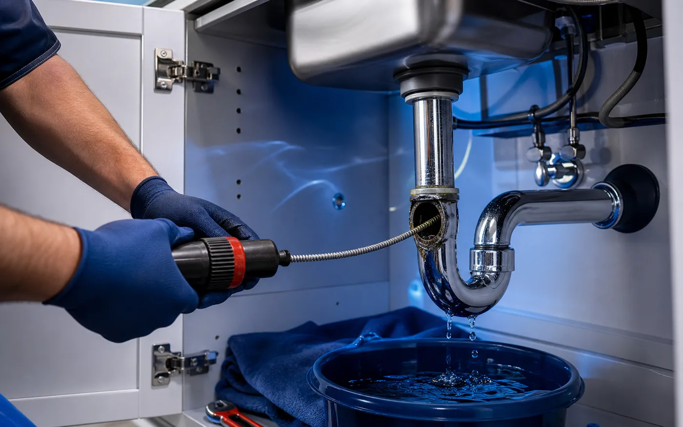 Plumber clearing a slow bathroom drain with professional tools