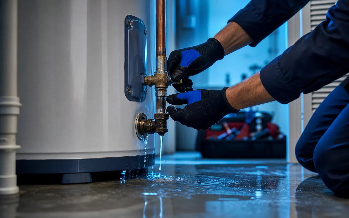 Plumber inspecting a leaking water heater in a clean utility room