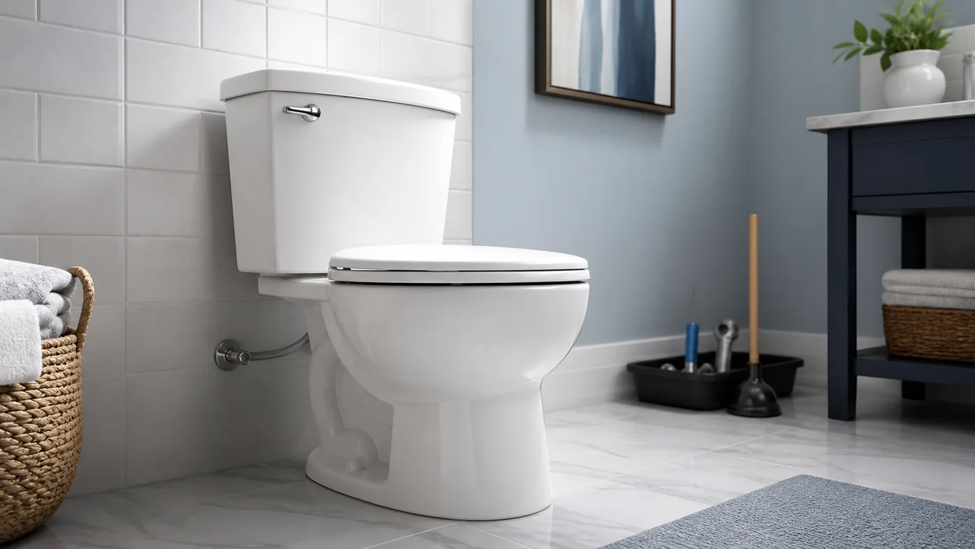 Modern white toilet in a clean bathroom with plumbing tools nearby