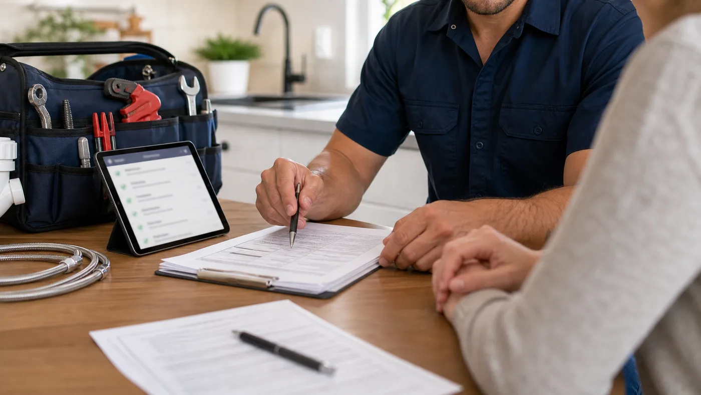 Plumber reviewing an estimate and checklist with a homeowner