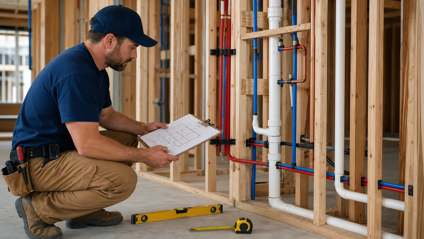 Plumber reviewing rough-in plumbing inside a framed new construction project