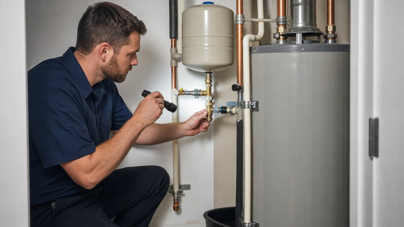 Plumber inspecting a residential water heater in a utility room